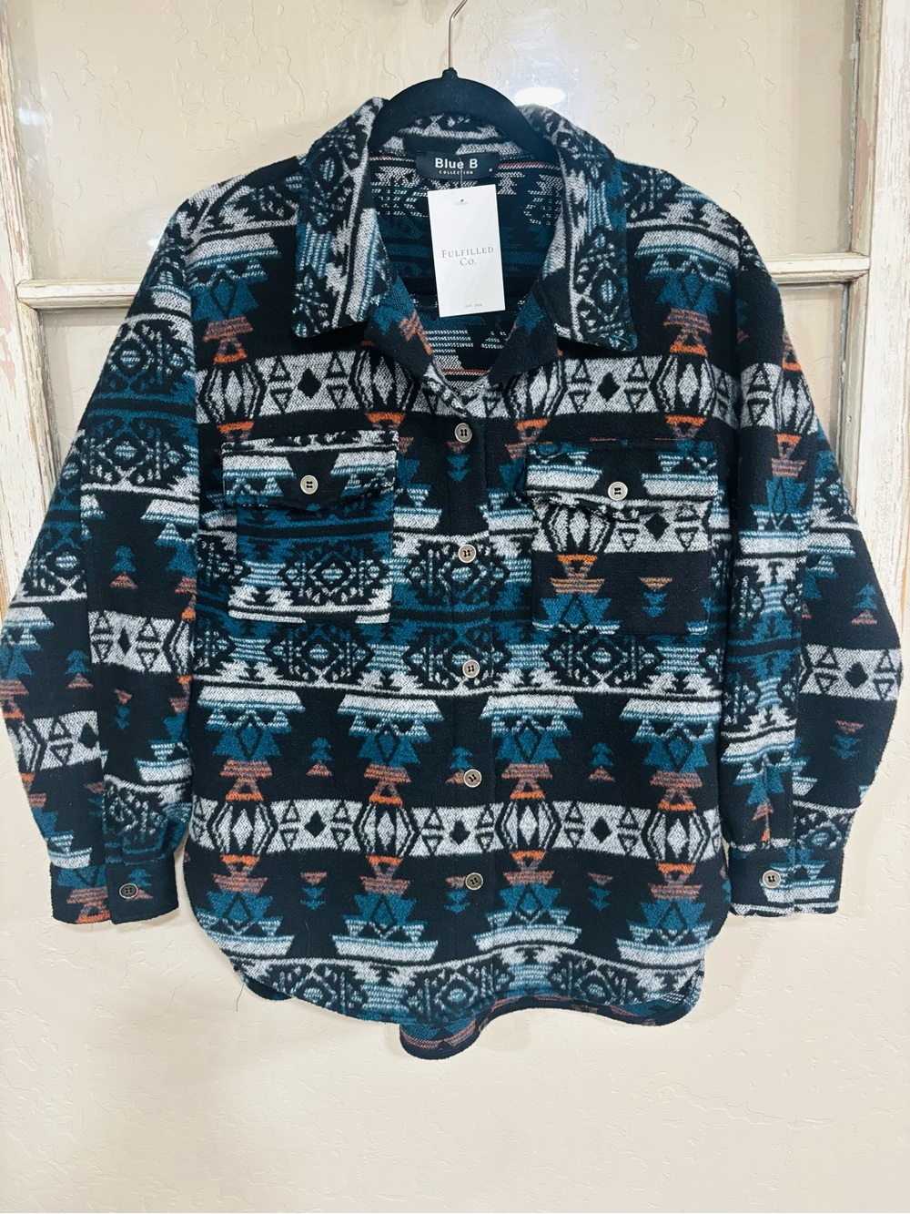 Blue B Patterned Women's Aztec Western Button-Down Jacket in Teal & Black